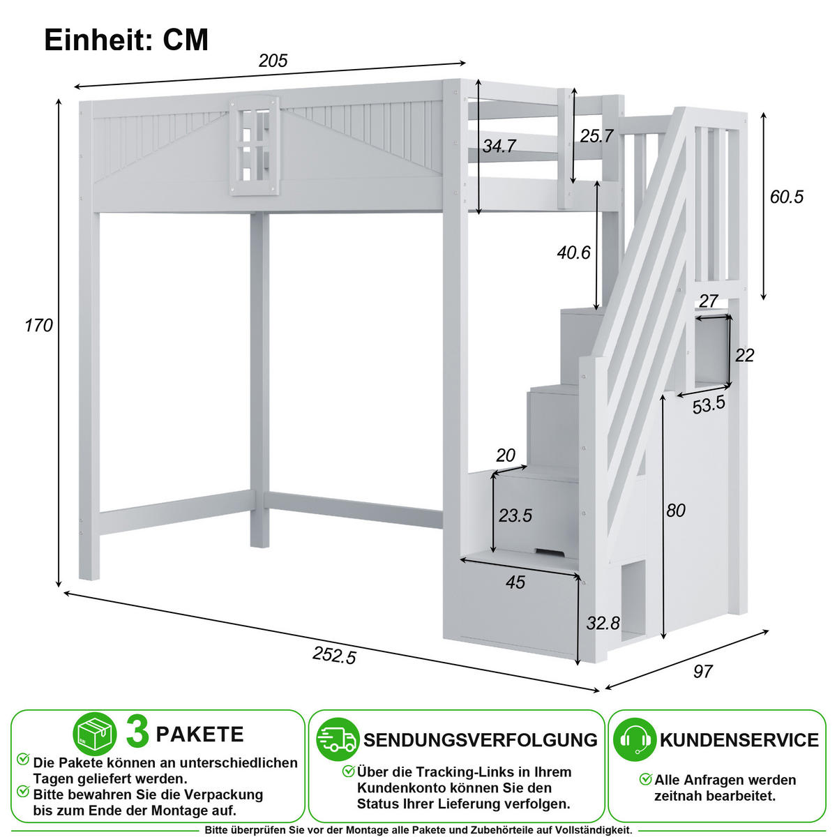 HOCHBETT 90/200 cm in Grau mit Ablage, Leiter und Sicherheitsumrandung - Grau, Holz/Holzwerkstoff (90/200cm) - CHICFURN