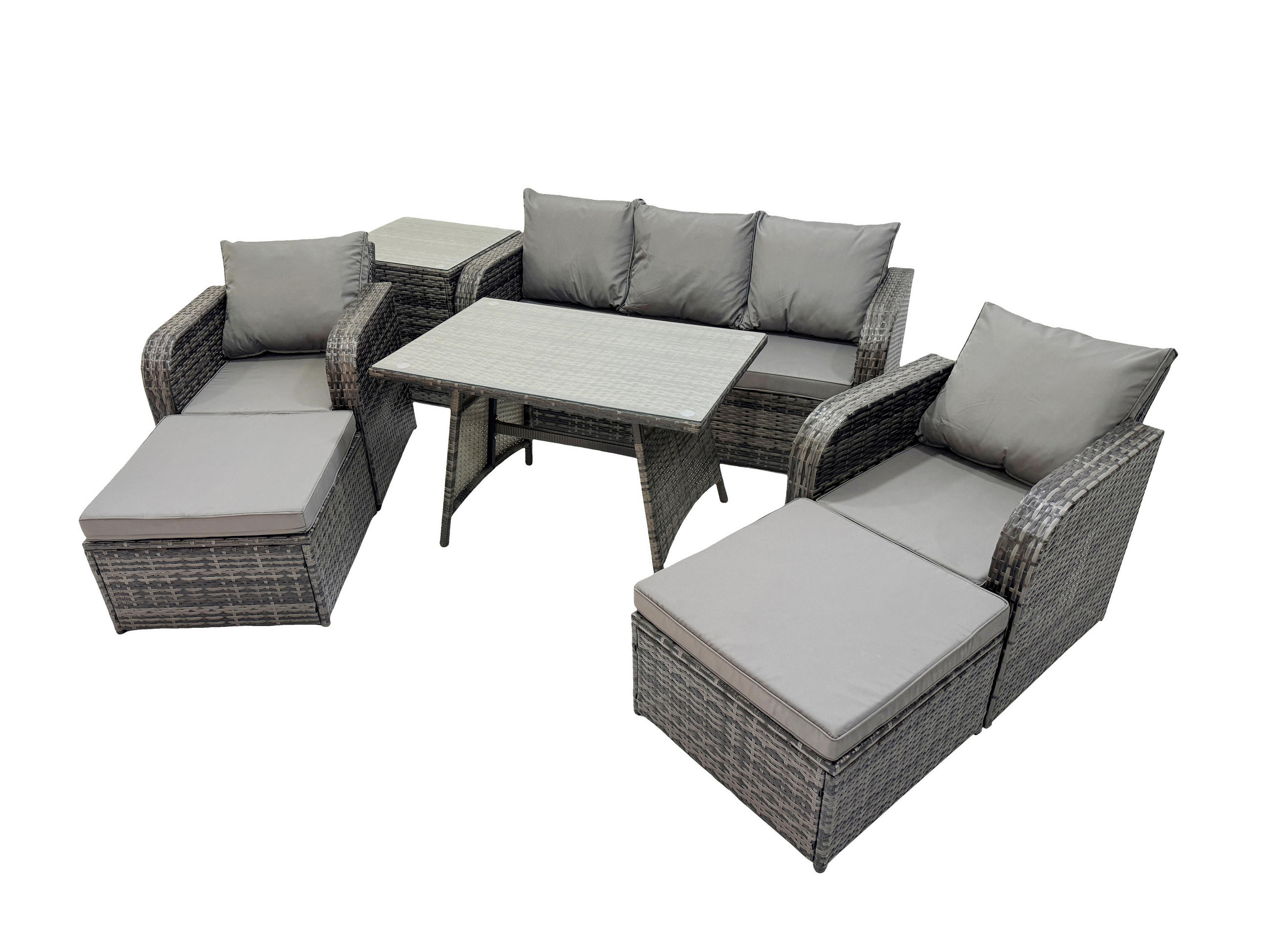 GARTENMÖBEL SET mit COUCHTISCH Polyrattan Dunkelgrau 6-Sitzer - Dunkelgrau/Grau, Glas/Kunststoff - Fimous