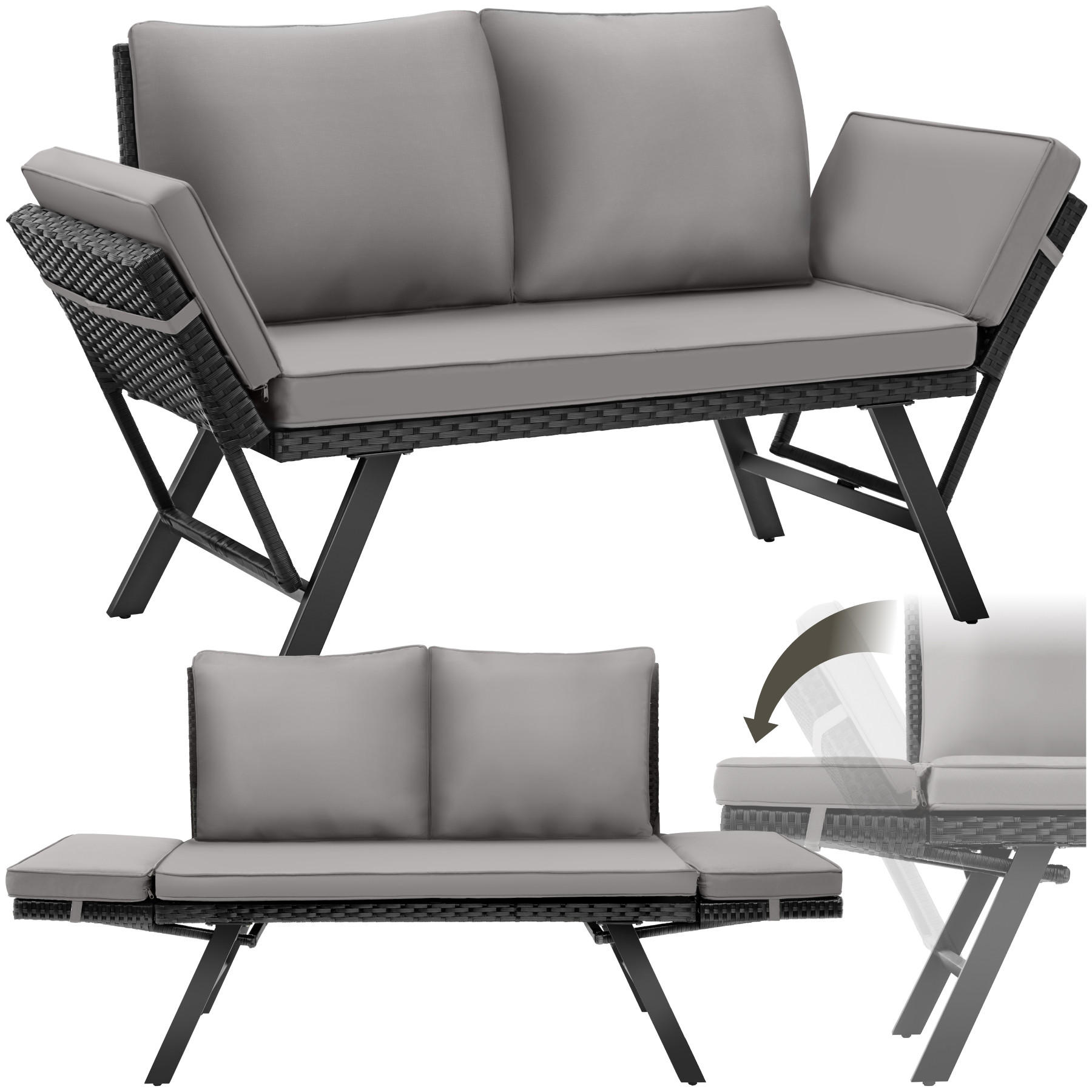 RATTAN-LOUNGESOFA Sintra,157 x 61 x 89 cm,hellgrau/schwarz - Hellgrau/Schwarz, Kunststoff/Textil (157/89/61cm) - tectake