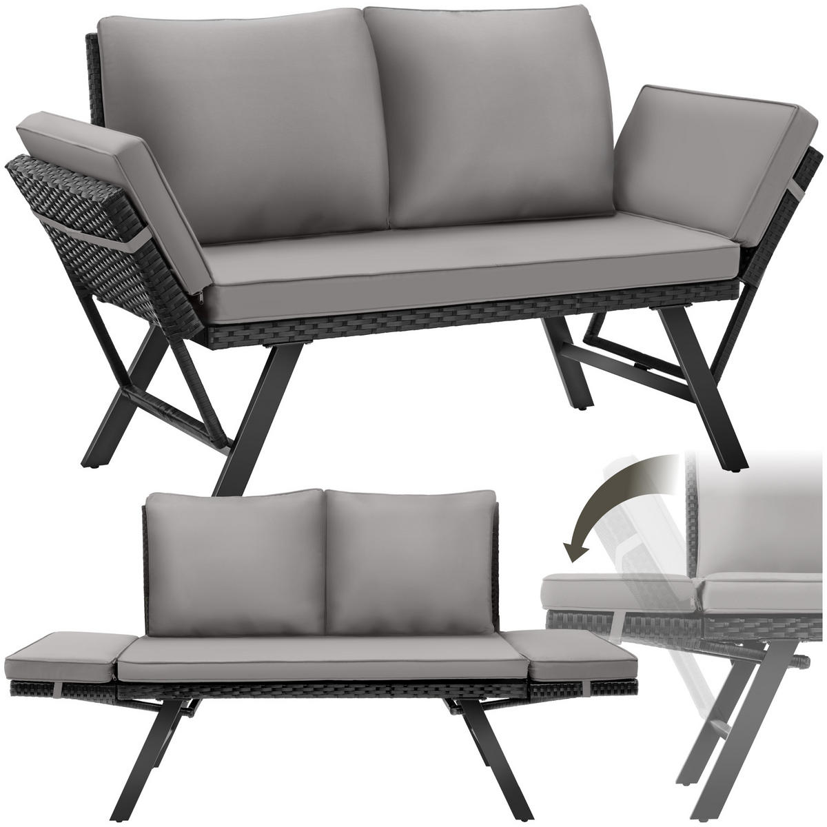 RATTAN-LOUNGESOFA Sintra,157 x 61 x 89 cm,hellgrau/schwarz - Hellgrau/Schwarz, Kunststoff/Textil (157/89/61cm) - tectake
