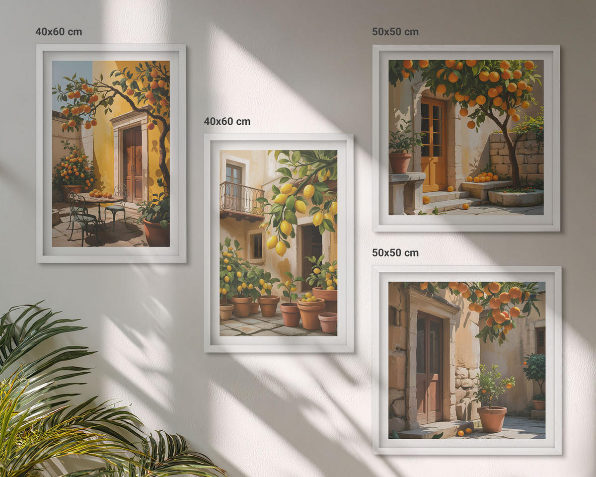 WANDBILDER 4er-Set - 50x50 cm & 40x60 cm Weißer Rahmen - Zitrusfrüchte in der Sonne - Weiß, Kunststoff (50/50cm) - ArtPrintCave