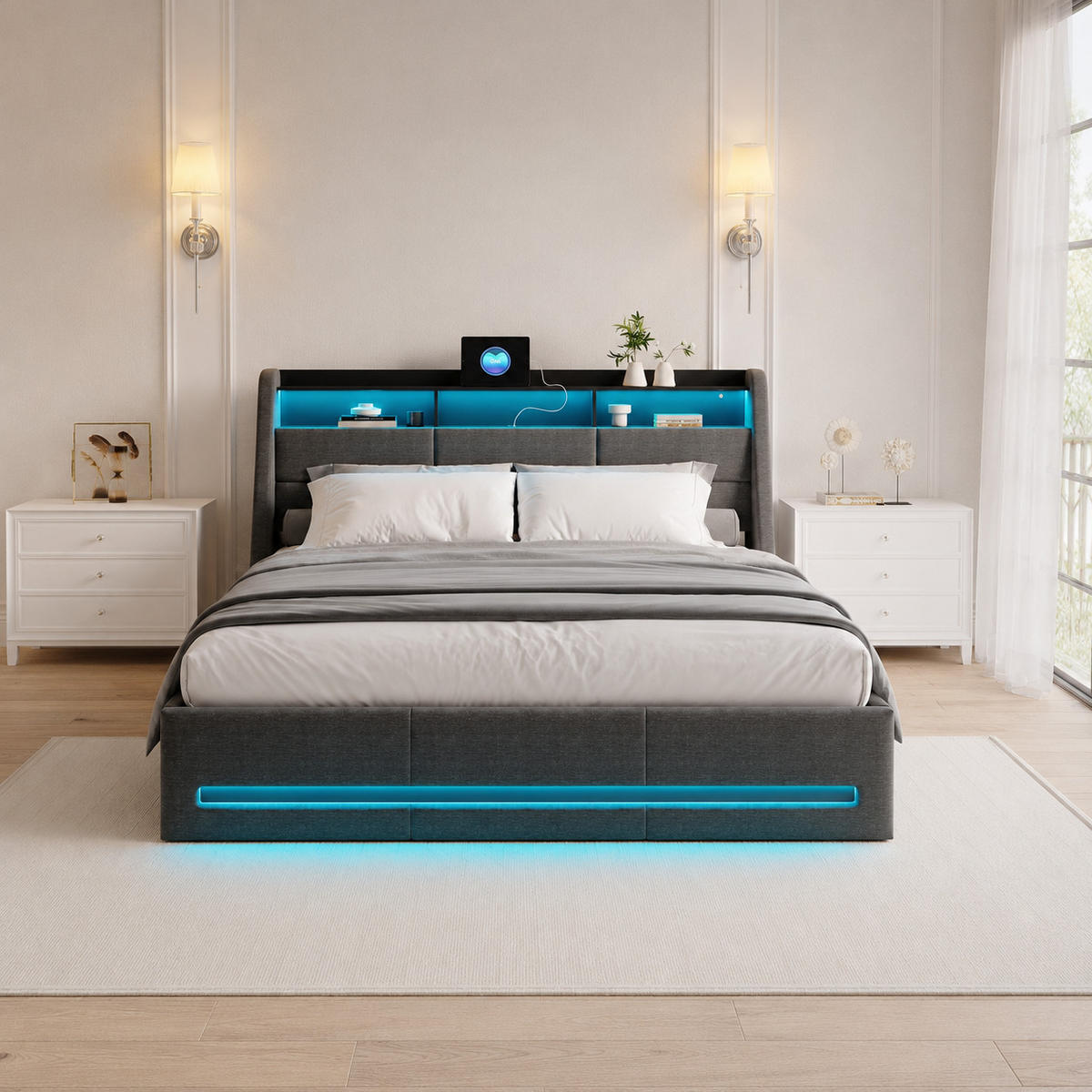 POLSTERBETT 140/190 cm Grau mit Bettkasten, LED, USB-Anschlüssen, Kopfteil-Ablage und Lattenrost - Grau, Holz/Metall (140/190cm) - Joyfair