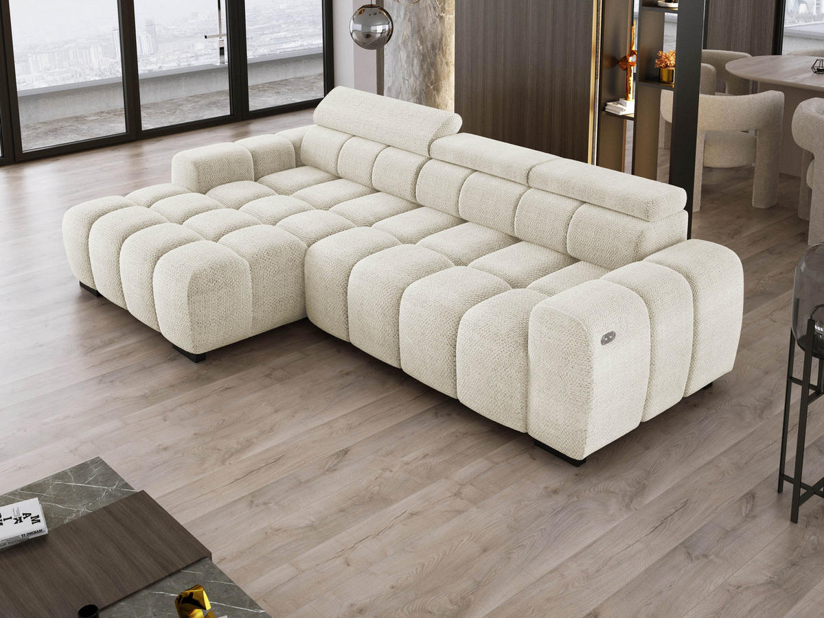 ECKSOFA OMBO 285x168x77/97 cm, Links, Schlaffunktion, elektr. Sitz, Kopfstützen, hydrophober EDEN-Stoff – Weiß - Weiß, Holz/Textil (168/285cm) - DomoHome