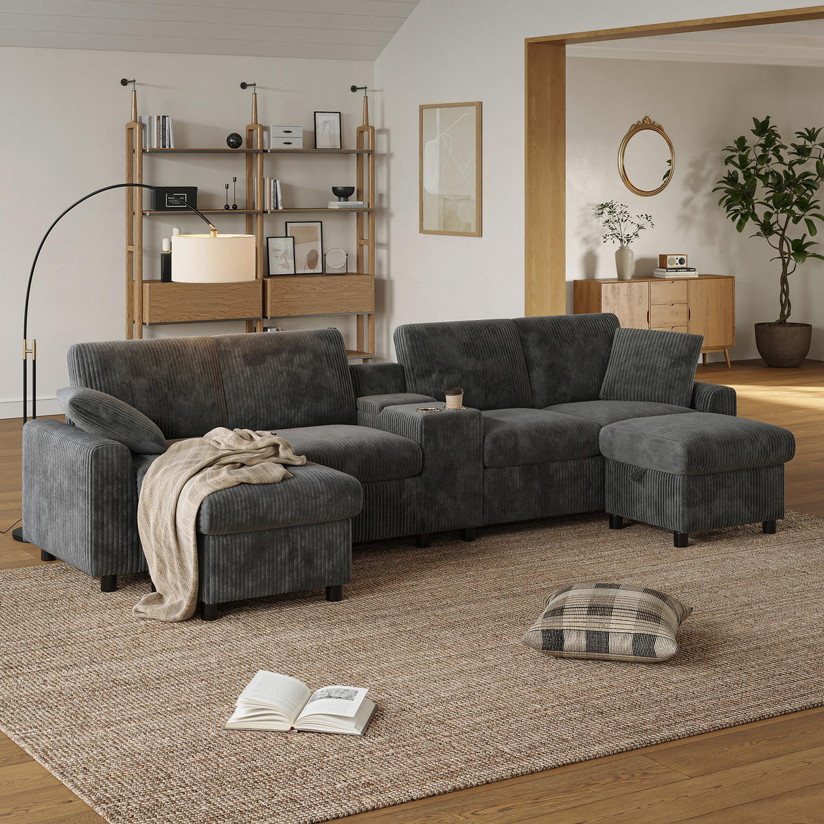 SOFA Grau U-Form Cord Stauraum USB Hocker 315cm Schlaffunktion - Grau, Textil (135/81/315cm) - FLIEKS