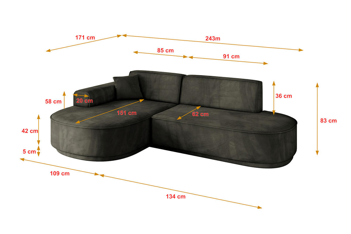 ECKSOFA Ottomane Links MARI-L1-v3 - 243x171x83 cm Schwarz Velours - Schwarz, Holzwerkstoff/Kunststoff (243/171cm) - ALTDECOR