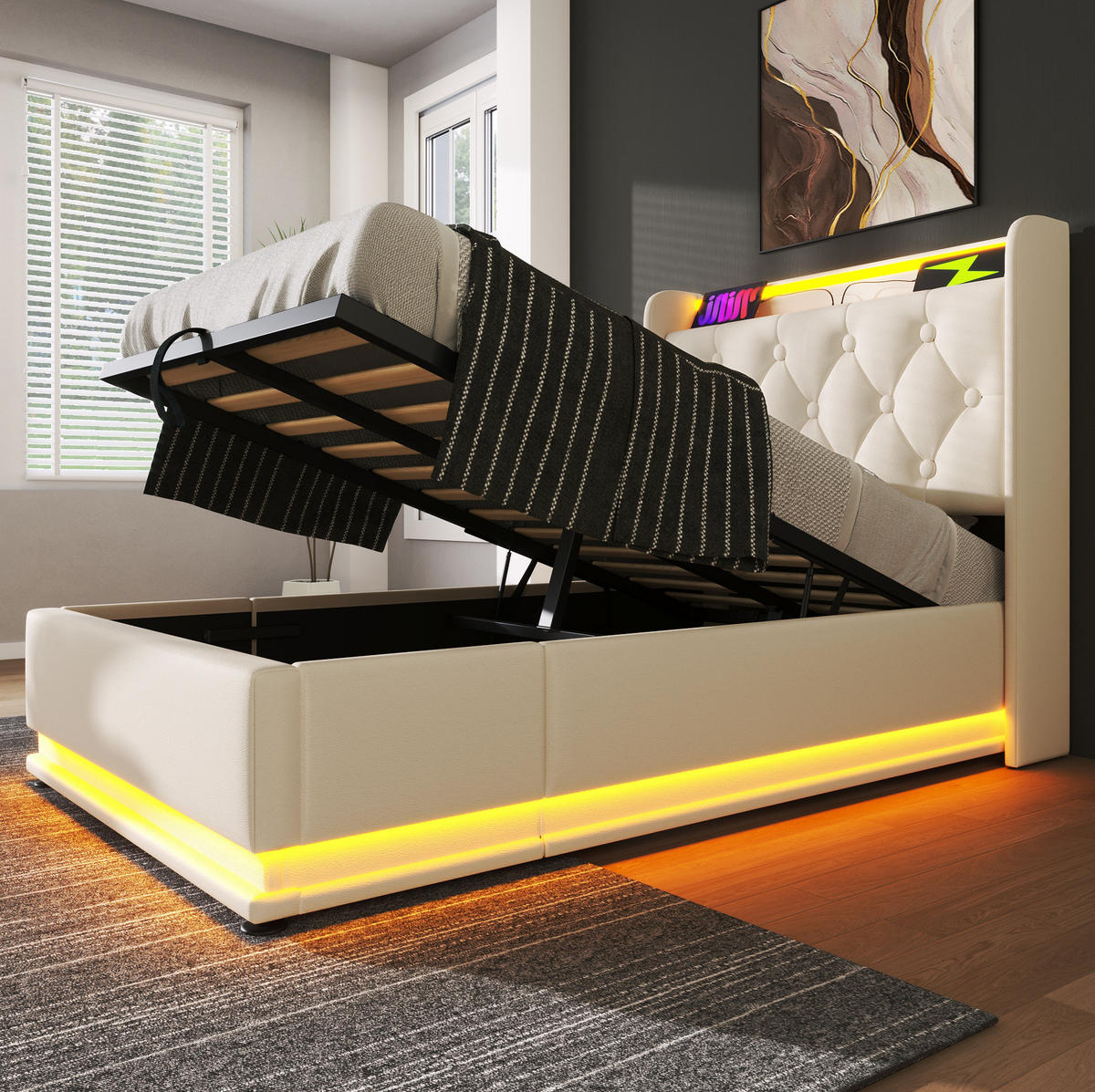 POLSTERBETT aus Kunstleder 90x200 cm in Weiß mit LED-Beleuchtung & USB-C - Weiß, Leder (90/200cm) - Modfu