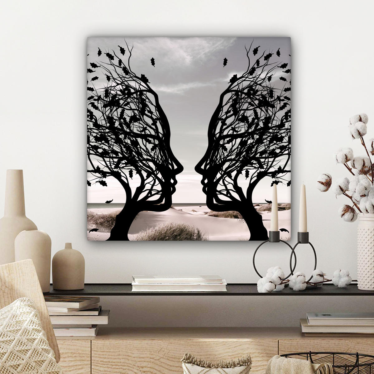 LEINWANDBILD Strand - Meer - Menschen - Baum - Moderne Kunst 50x50 cm - Hellgrau, Textil (50/50cm) - MuchoWow