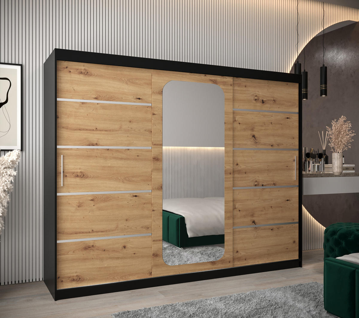 SCHWEBETÜRENSCHRANK 200/250/62 3-türig - Silberfarben/Schwarz, Holz/Kunststoff (250/200/62cm) - Abiks Möbel