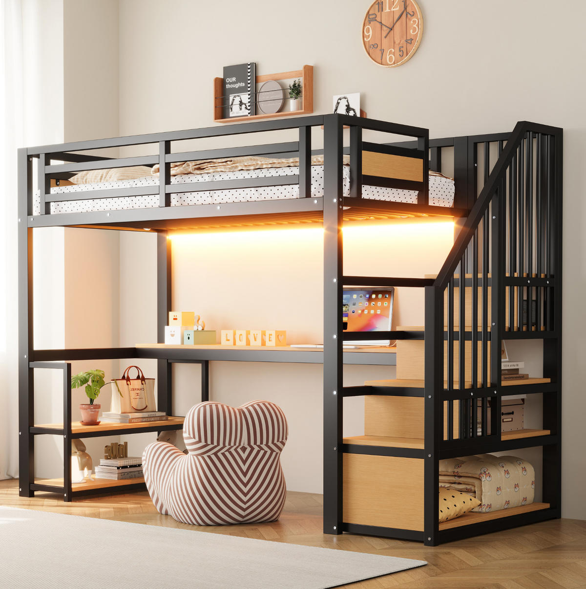 HOCHBETT 90/200 cm, Schwarz mit Tisch, Regalen und Leiter - Schwarz, Metall (90/200cm) - MIVRAY