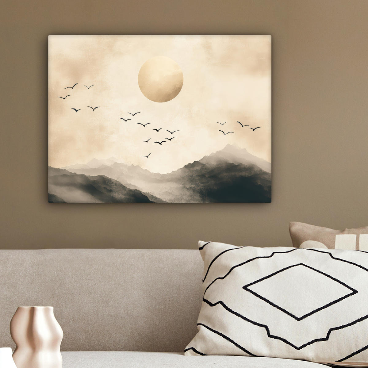 LEINWANDBILD Landschaft - Japandi - Vogel 40x30 cm - Beige, Textil (40/30cm) - MuchoWow