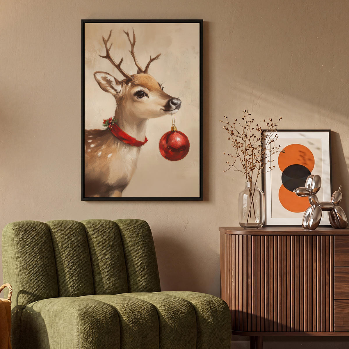 LEINWAND Bilder mit Rahmen - Weihnachten - Hirsch - Geweih - Weihnachtskugel - Rentier - 60x90 - Hellbraun, Textil (60/90cm) - MuchoWow
