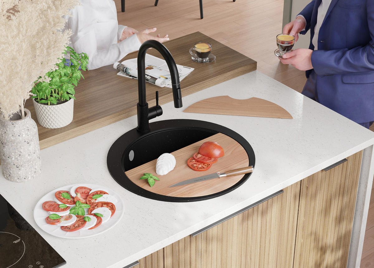 SPÜLBECKEN RUND Pisa Max, 2-er set Schwarz Metallic 53/53 cm 1 Becken + Ablauf-Set + Schneidebrett ab 50er Unterschrank - Chromfarben/Schwarz Hochglanz, Kunststoff (53/20/53cm) - Primagran