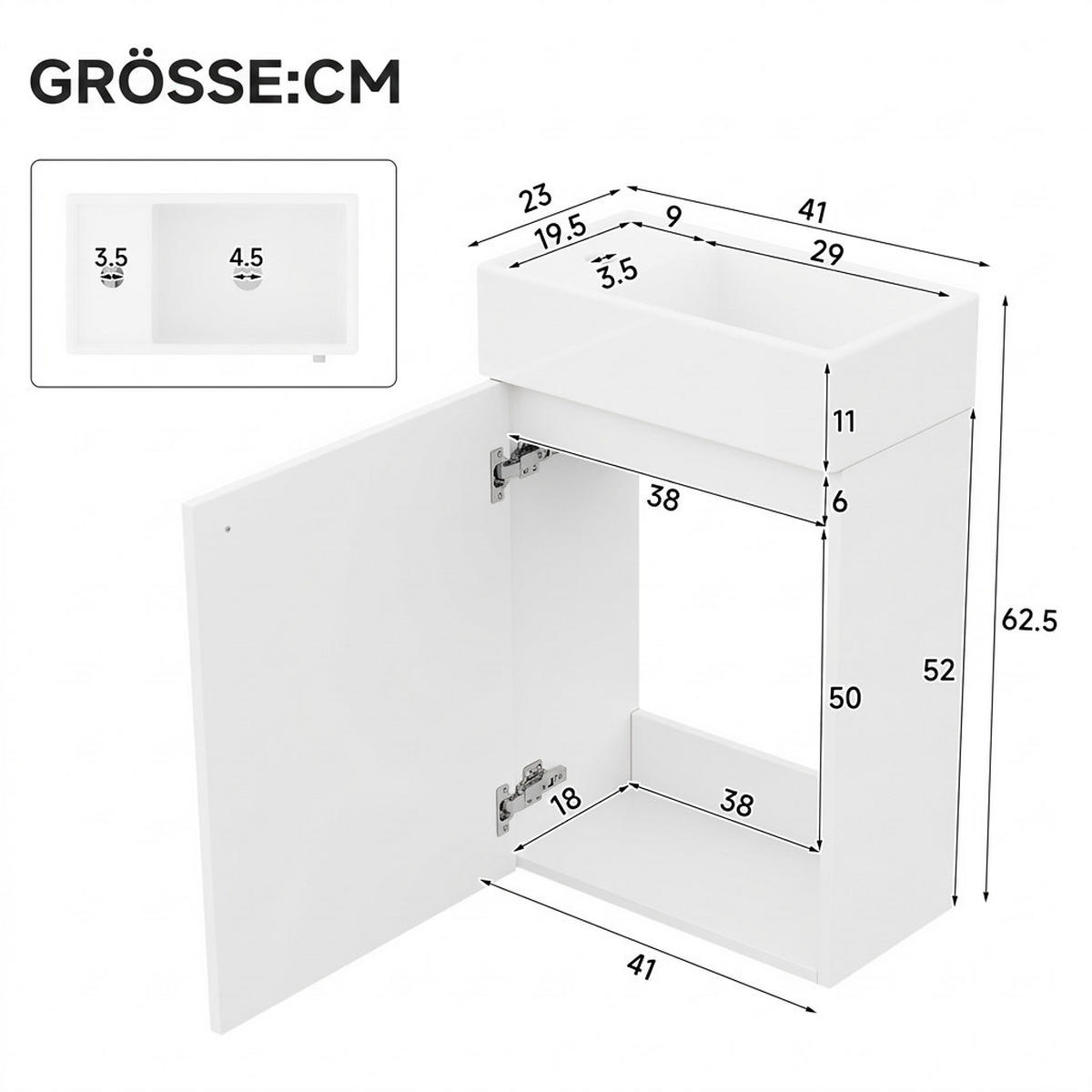 WASCHTISCHKOMBI 41/23/62.5 cm Weiß mit 1 Schranktür und Soft-Close-Mechanismus, ohne Wasserhahn - Weiß, Holz/Holzwerkstoff (23/62.5/41cm) - Oxeza