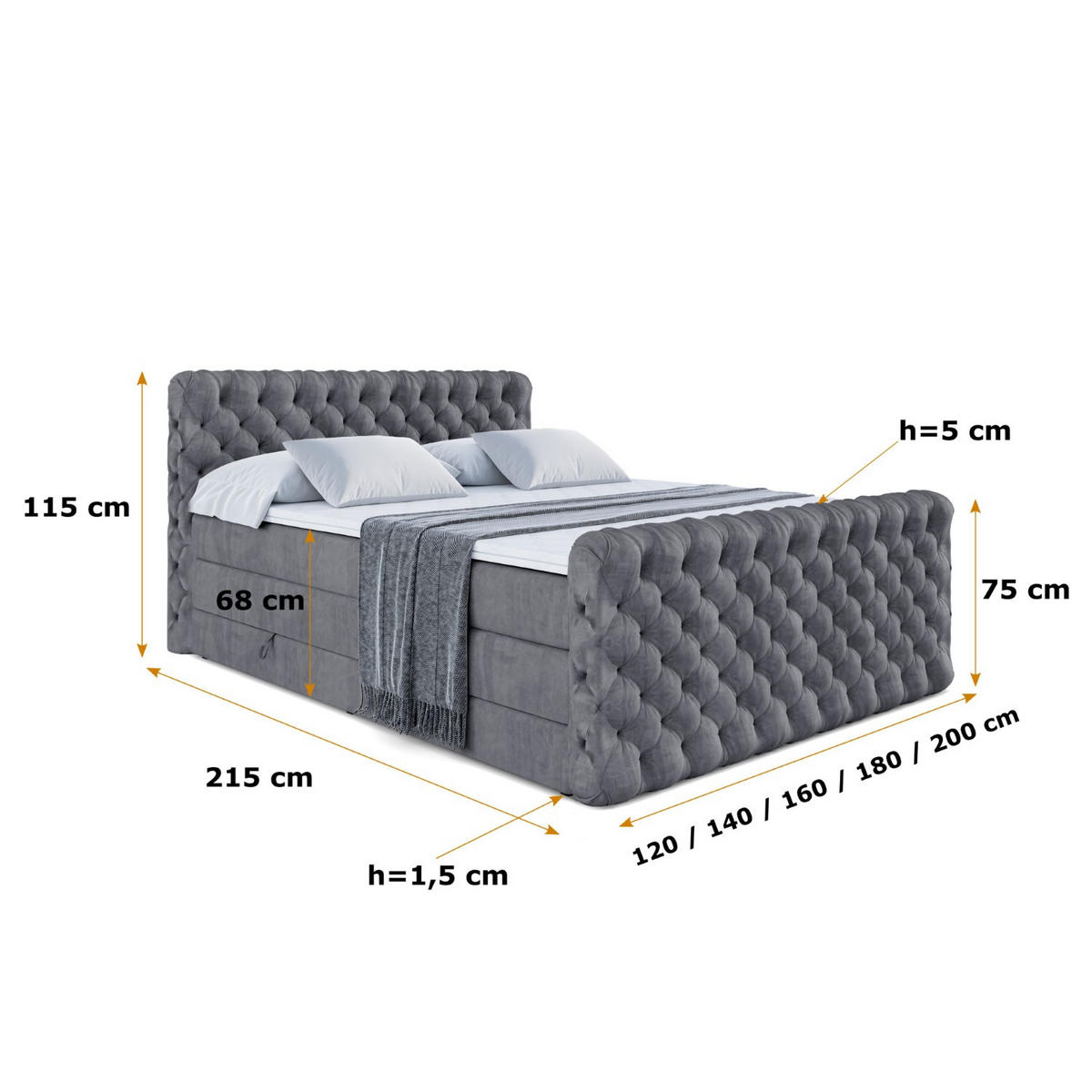 BOXSPRINGBETT BOXI8-Z KING - 160x200 - H3/H4 - Dunkelgrau - Dunkelgrau, Holzwerkstoff (160/200cm) - ALTDECOR