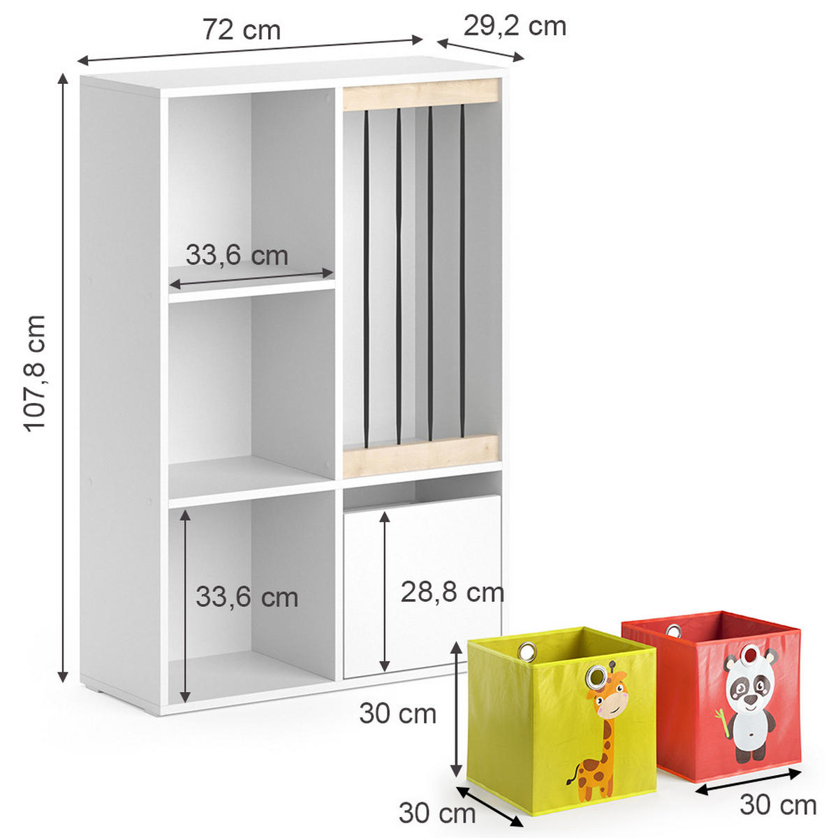 KINDERREGAL Luigi Weiß 72 x 107.8 cm mit 2 Faltboxen opt.2 - Weiß, Holzwerkstoff (29.2/107.8/72cm) - Vicco