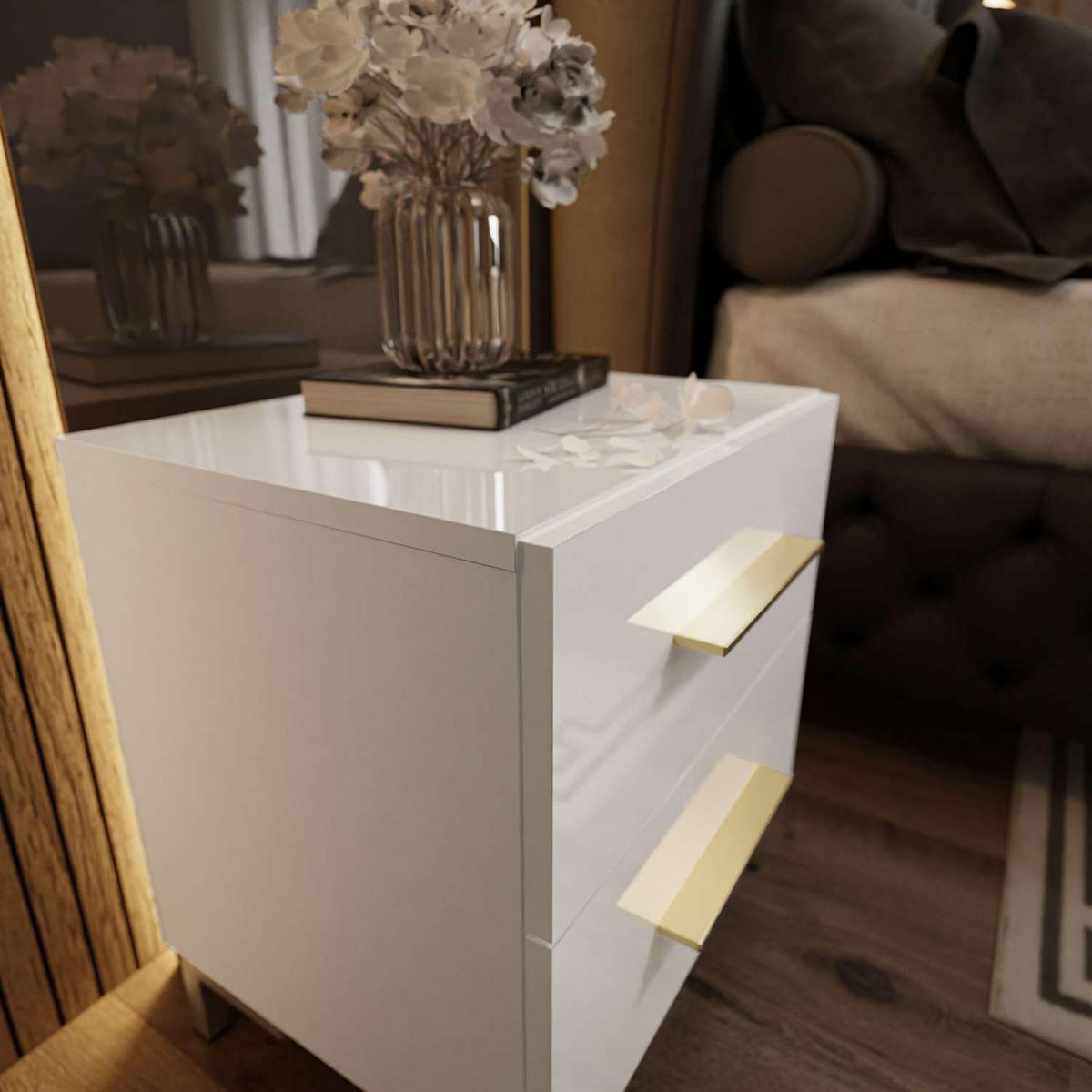 NACHTTISCH LINA LUX mit Griffen und Beinen, Hochglanzplatte – Beinfarbe: Gold - Weiß, Holzwerkstoff (45/50/38.5cm) - Lookway