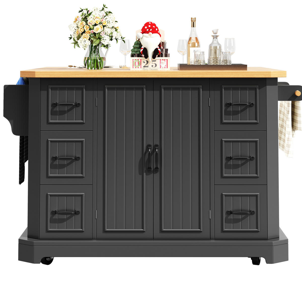 KÜCHENINSEL 120/45(75)/91 cm schwarz mit 2 Türen & 6 Schubladen mit rollbar - Schwarz, Holzwerkstoff (120/91/75cm) - OKWISH