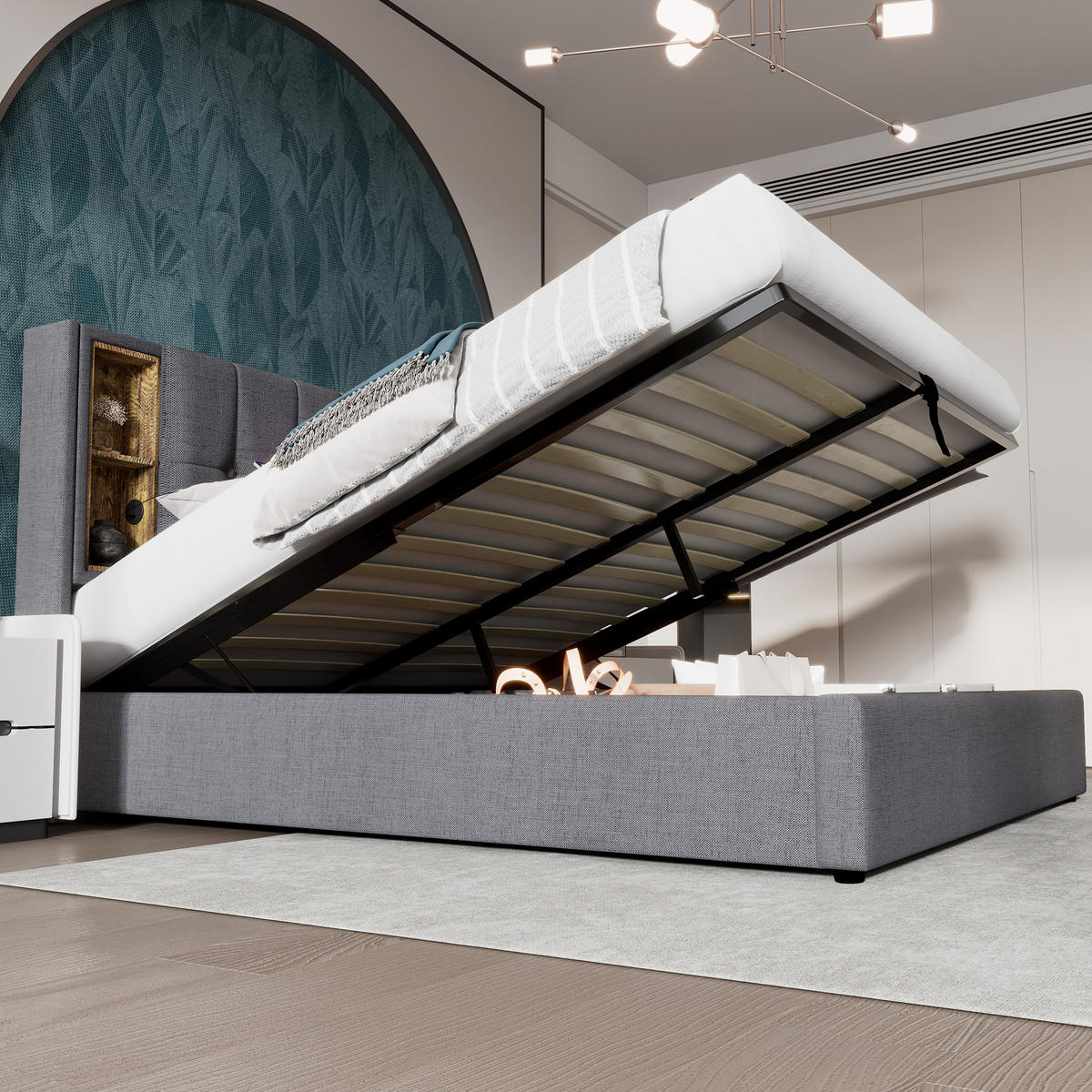 POLSTERBETT 160/200 cm Grau mit Stauraum und kabellosem Laden - Grau, Textil (160/200cm) - OKWISH