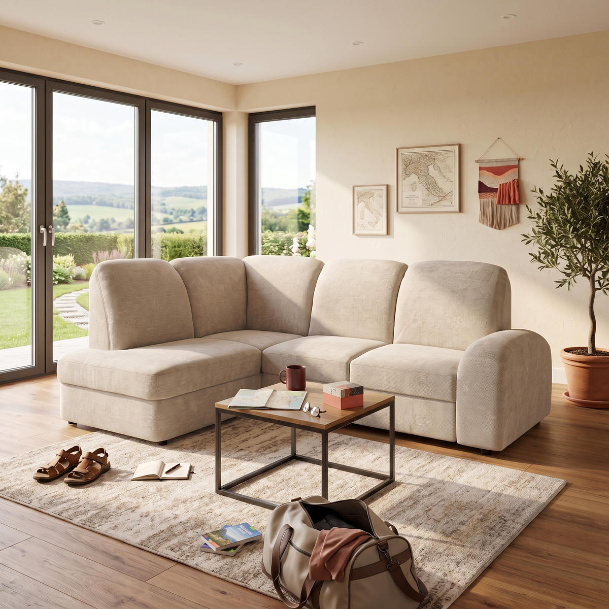 ECKSOFA VIBE L Links mit Schlaffunktion 129x205 Chenille Beige - Beige/Schwarz, Holz/Kunststoff (186/250cm) - Muffo