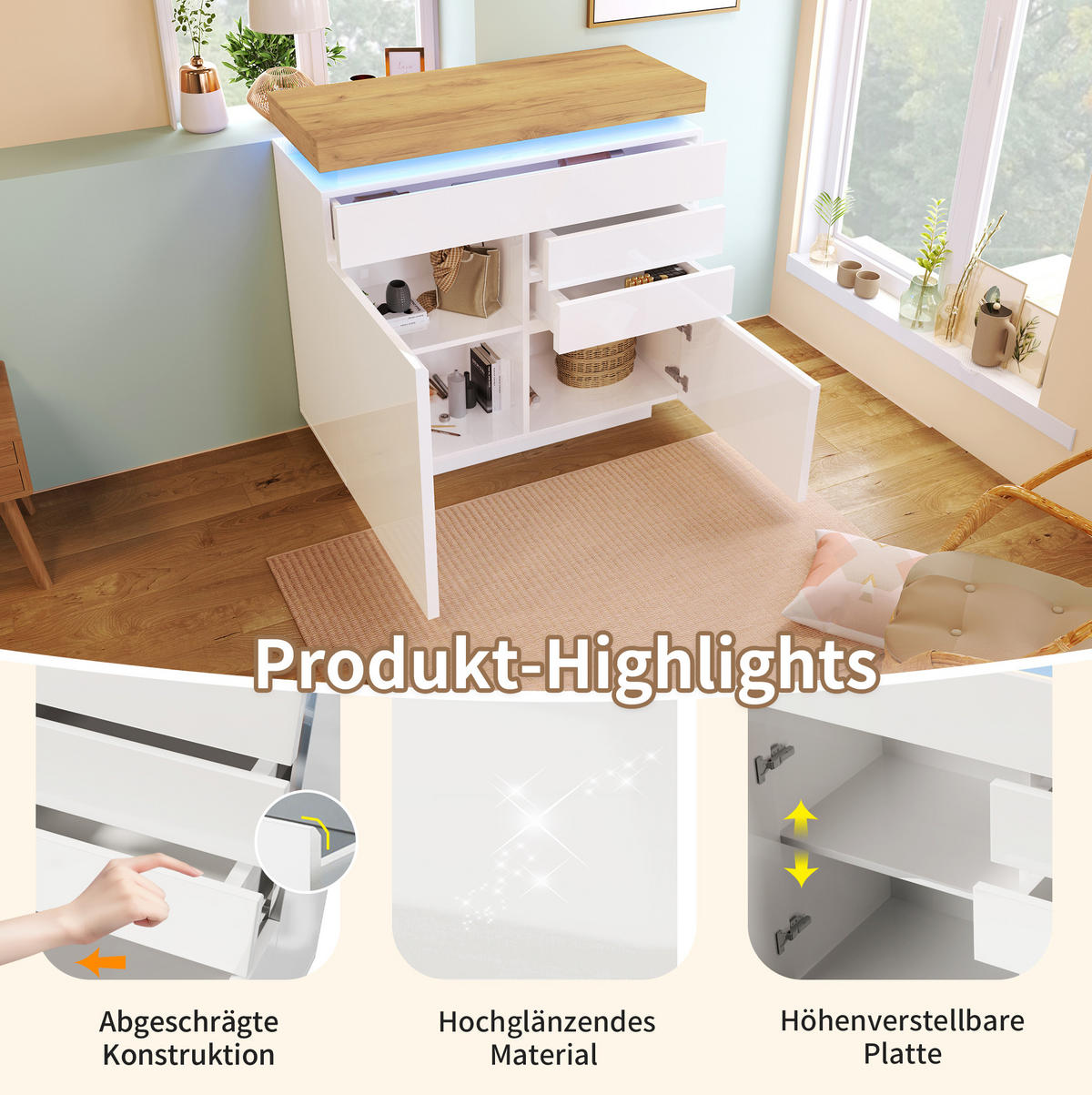 KOMMODE 110/115/39 cm Weiß aus Spanplatte mit LED-Beleuchtung - Weiß, Holzwerkstoff (39/115/110cm) - OKMYHOME