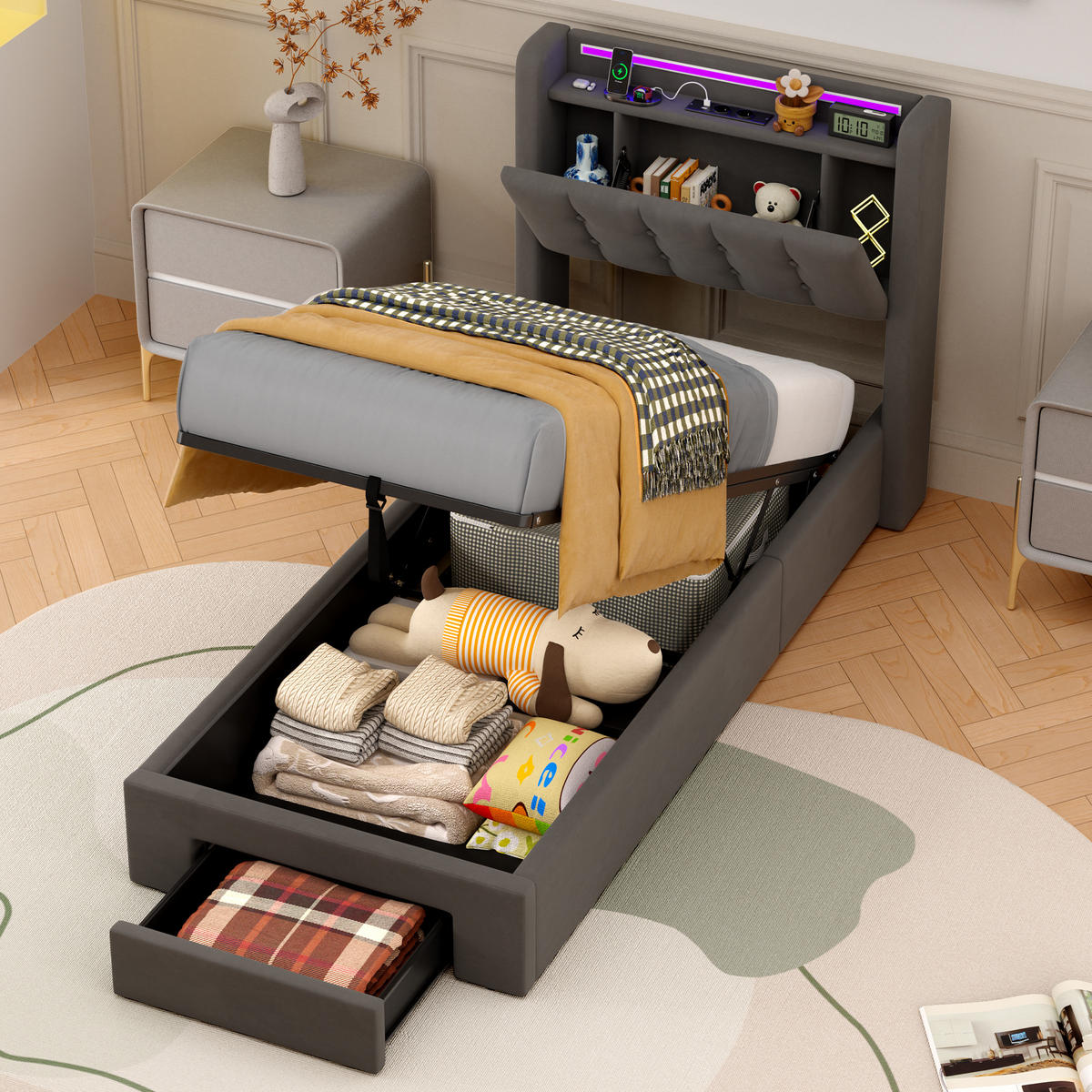 POLSTERBETT aus Samt 90x200 cm Grau mit LED-Beleuchtung & USB-Ladestation mit hydraulischem Stauraum - Grau, Textil (90/200cm) - Modfu