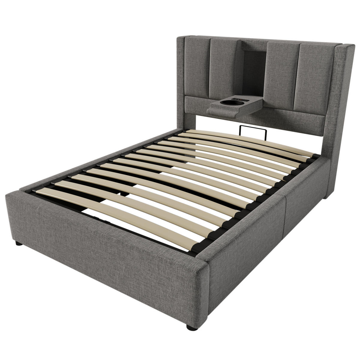 POLSTERBETT 90/200 cm mit Ladestation, verstecktem Becherhalter und hydraulischem Stauraum und Matratze, Grau - Grau, Textil (90/200cm) - Redom