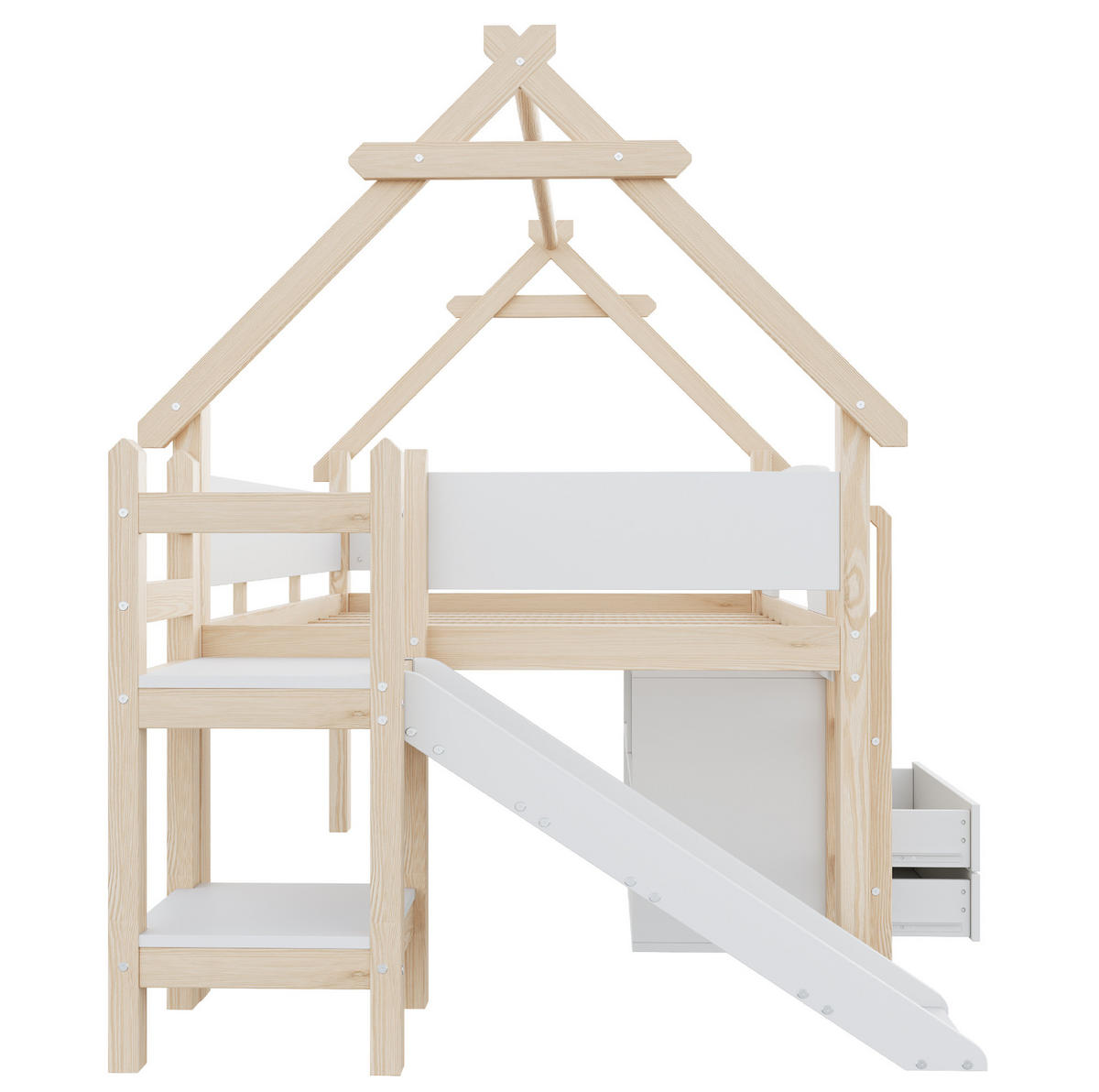 HOCHBETT aus Massivholz und MDF 90x200 cm Natur/Weiß mit Rutsche, Stauraum und Dachrahmen - Weiß, Holz (90/200cm) - Modfu