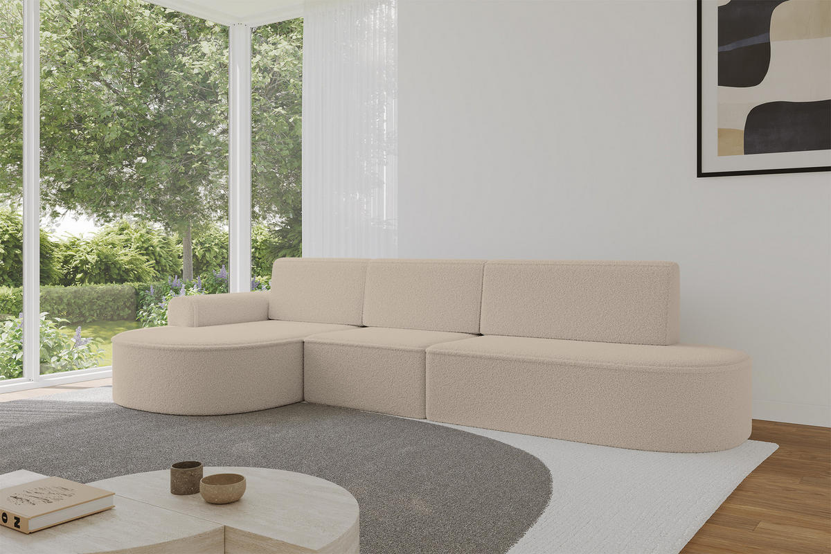 ECKSOFA mit Schlaffunktion Ottomane Links MARI L2-S 368X167X85 Dunkelbeige Bouclé - Hellbraun/Schwarz, Holzwerkstoff/Kunststoff (368/167cm) - ALTDECOR