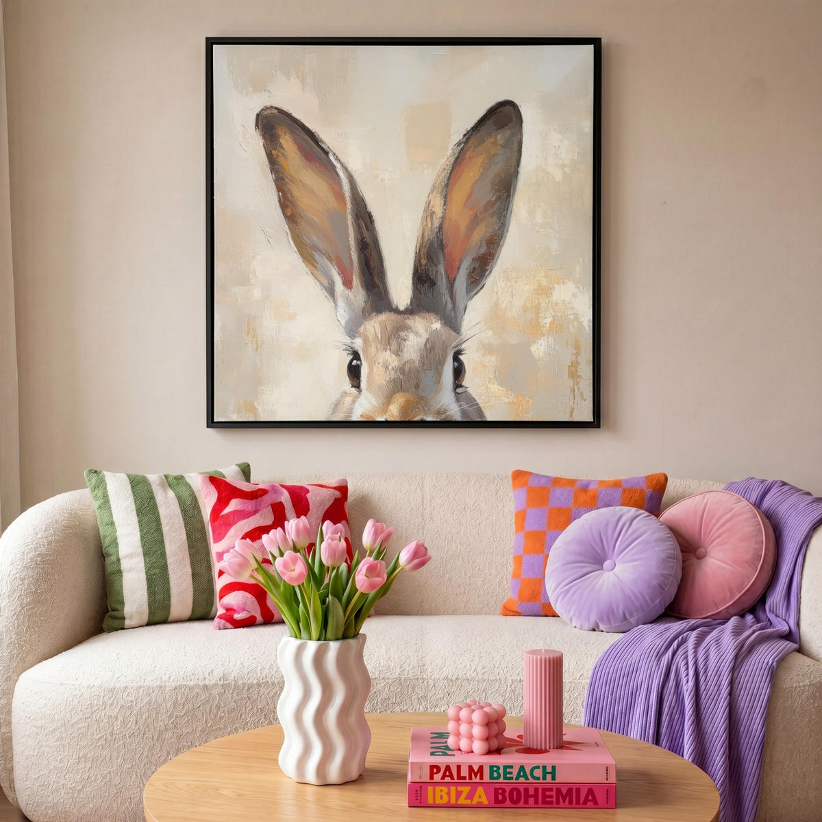 LEINWAND Bilder mit Rahmen - Hase - Ohren - Braun - 90x90 - Beige, Textil (90/90cm) - MuchoWow