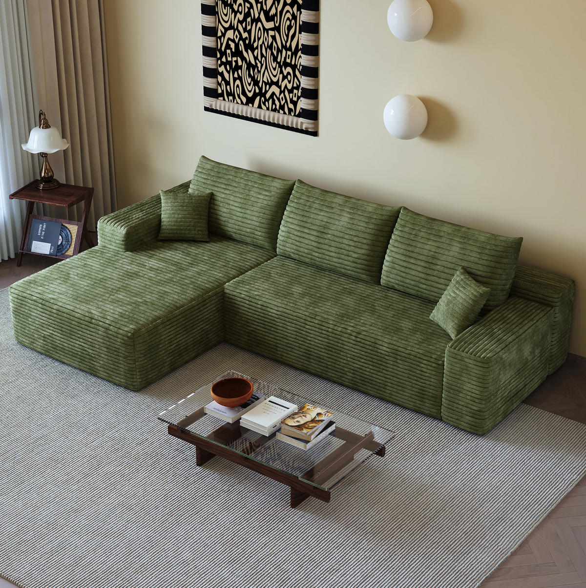 ECKSOFA 270 cm in Grün aus Cord mit tiefer Sitzfläche und modularem Design - Grün, Textil (175/270cm) - Flora Grace