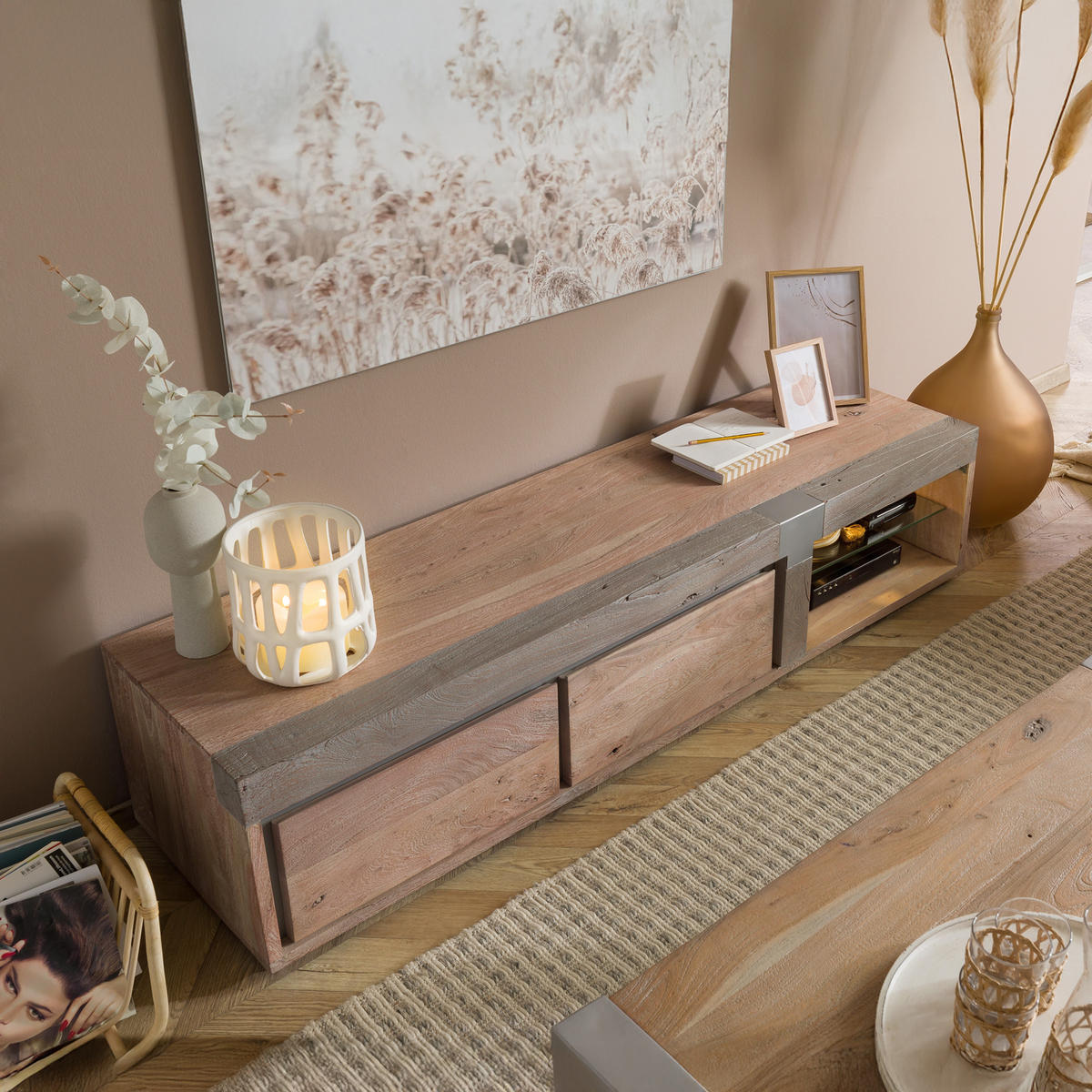 TV-BOARD Akazie 180x48x39 beige lackiert Amsterdam #101 - Beige, Holz (180/39/48cm) - Massivmoebel24