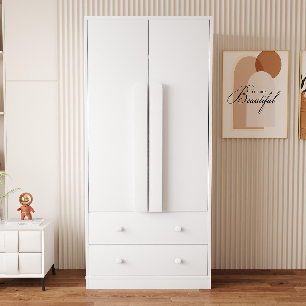 KLEIDERSCHRANK in Weiß mit Doppeltür-Design und Schubladen für Schlafzimmer und Wohnzimmer, B70/T40/H170 cm - Weiß, Holzwerkstoff/Metall (70/170/40cm) - STILVORA