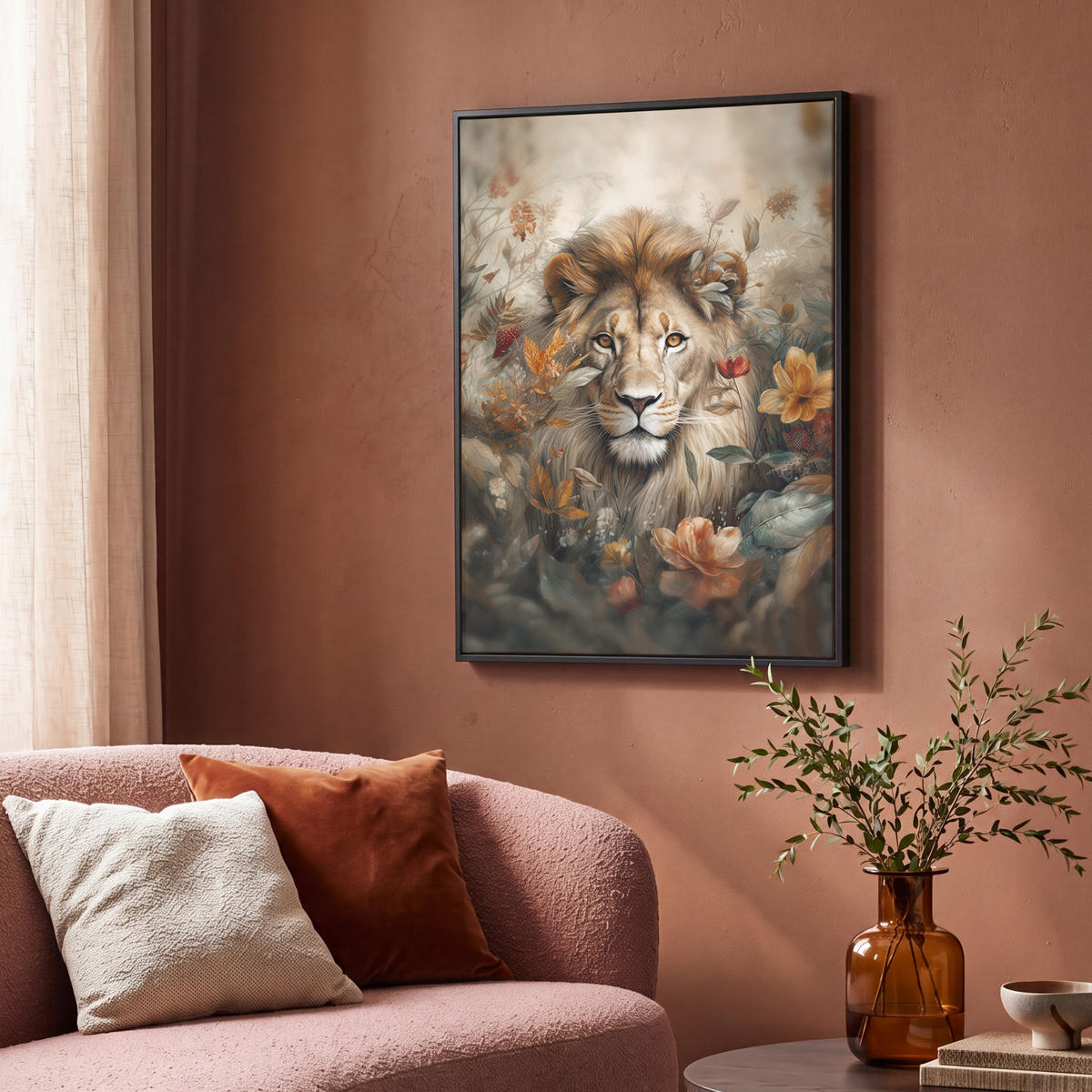 LEINWAND Bilder mit Rahmen - Löwe - Wildtiere - Pflanzen - Natur - Blumen - 70x100 - Beige, Textil (70/100cm) - MuchoWow