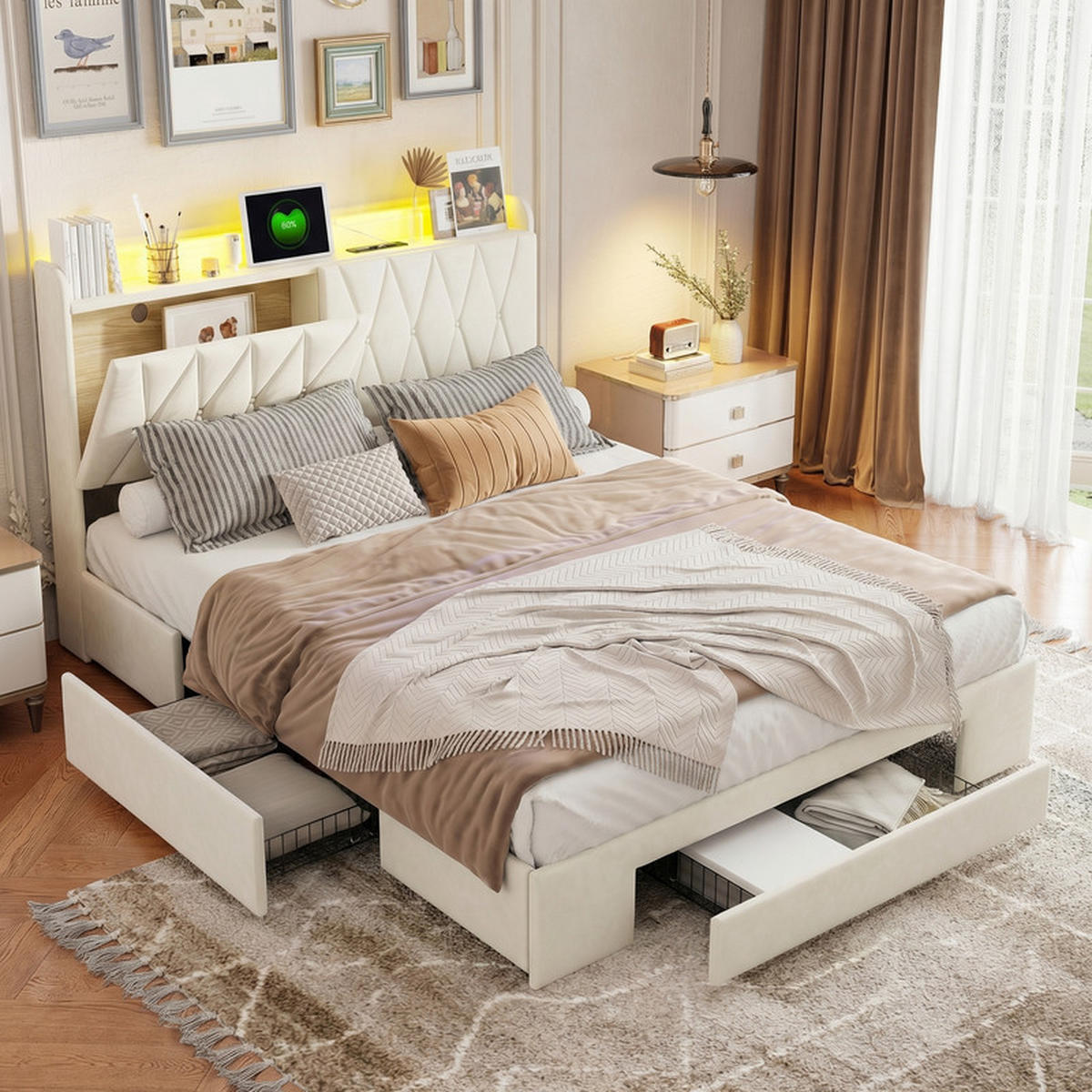 POLSTERBETT 140/200 cm beige mit Schubladen, LED und USB - Beige, Holz