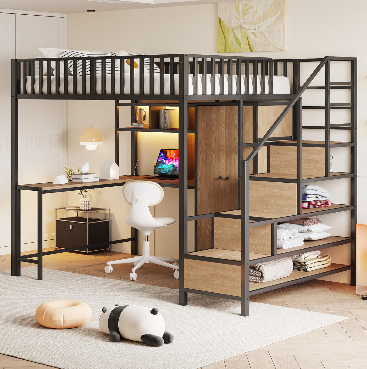 HOCHBETT 140/200 cm Schwarz aus Metall mit Schreibtisch und Stauraum - Schwarz, Metall (140/200cm) - OKMYHOME