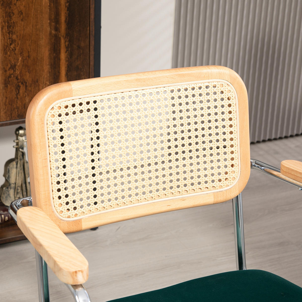 BÜROSTUHL, Boho-Design, Holzarmlehnen, drehbar, verstellbar, bis 120 kg, Stahl, Grün - Grün, Textil (58/94/65cm)