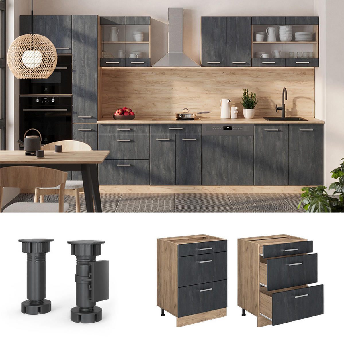 KÜCHENUNTERSCHRANK R-Line Schwarz Beton 60 cm AP Marmor - Eiche Wotan/Schwarz, Holzwerkstoff (60/81.6/60cm) - Vicco
