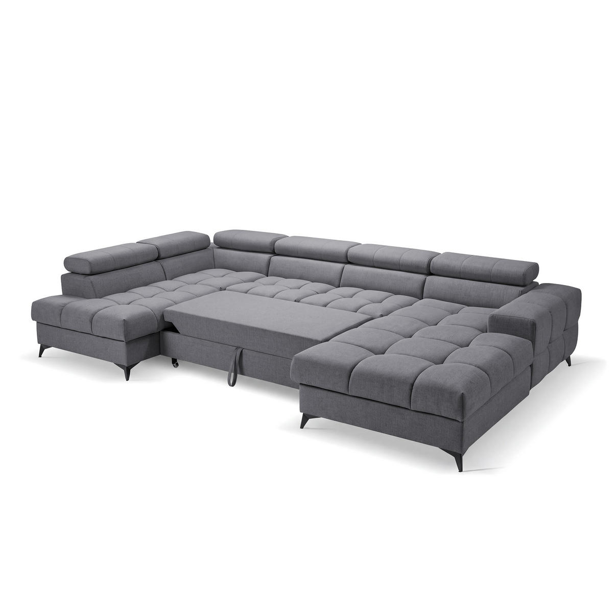 ECKSOFA PUDDING U Rechts mit Schlaffunktion 125x260 Velours Dunkelgrau - Dunkelgrau/Schwarz, Holz/Textil (350/203cm) - Muffo
