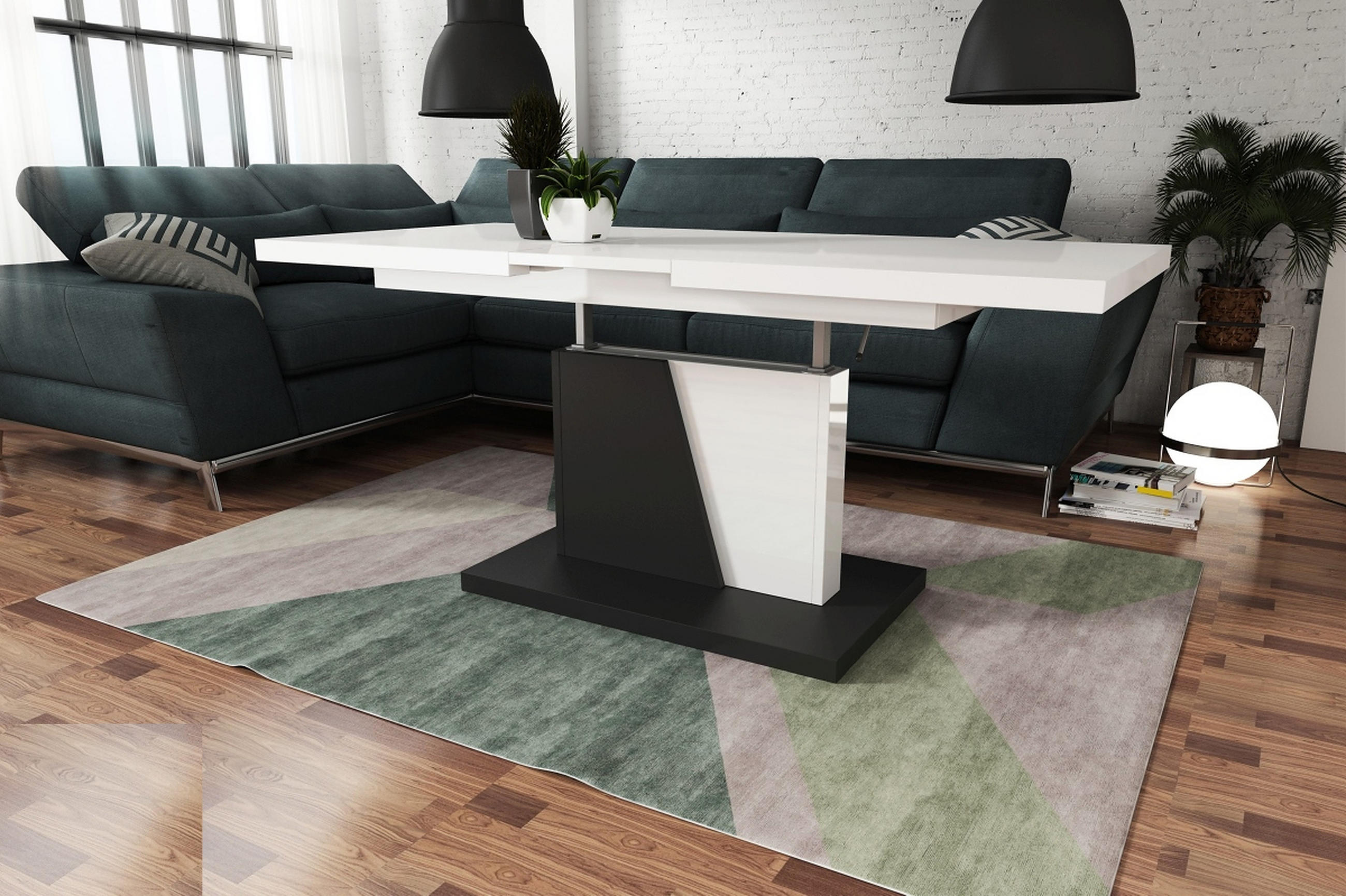 COUCHTISCH rechteckig Weiß Hochglanz - Schwarz matt ausziehbar höhenverstellbar - Weiß Hochglanz/Schwarz, Holzwerkstoff (70/120/60cm) - designimpex