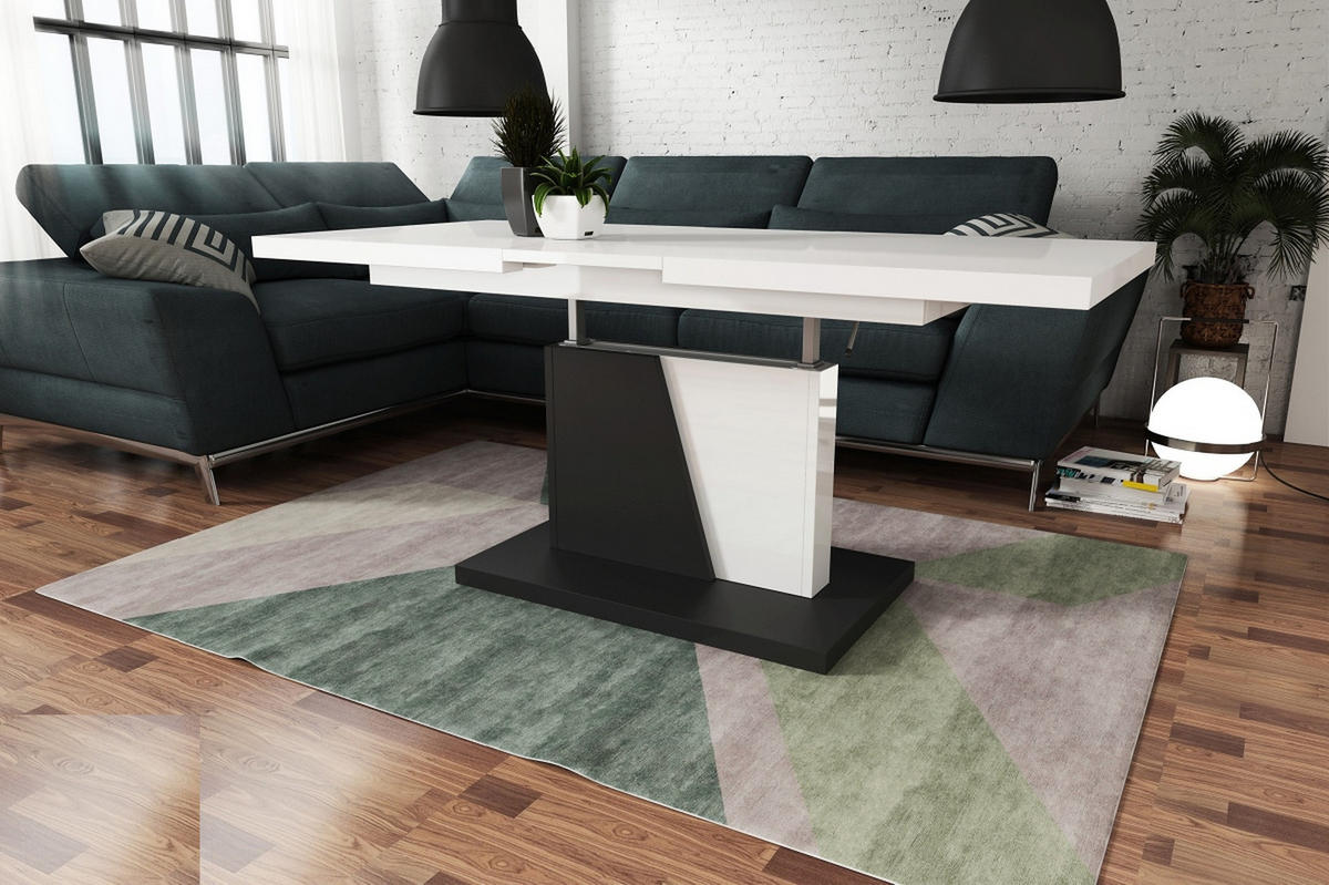 COUCHTISCH rechteckig Weiß Hochglanz - Schwarz matt ausziehbar höhenverstellbar - Weiß Hochglanz/Schwarz, Holzwerkstoff (70/120/60cm) - designimpex