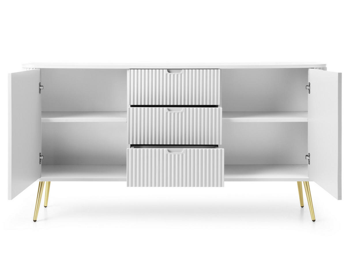 SIDEBOARD Salvia 2T 3S Weiß, Gold 168/87/39 cm – mit geriffelten Fronten und hohen Beinen - Goldfarben/Weiß, Holzwerkstoff/Metall (168/87/39cm) - AX Living