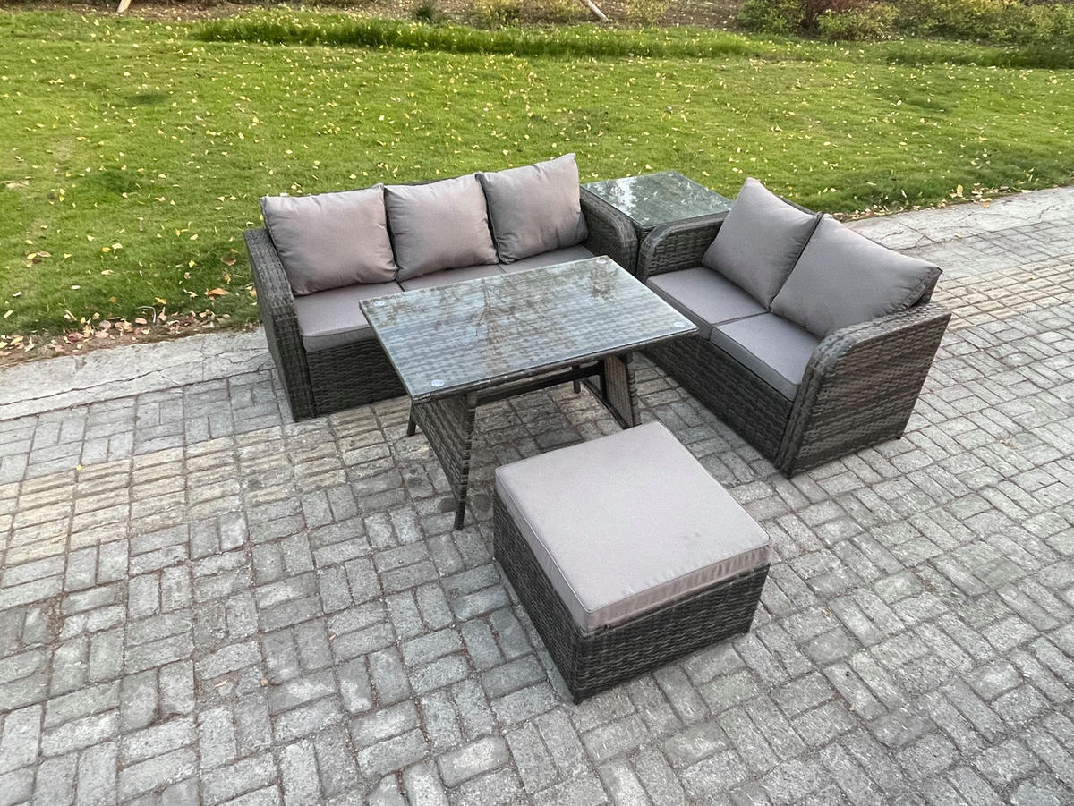 GARTENMÖBEL SET Polyrattan Dunkelgrau 6-Sitzer - Dunkelgrau/Grau, Glas/Kunststoff - Fimous