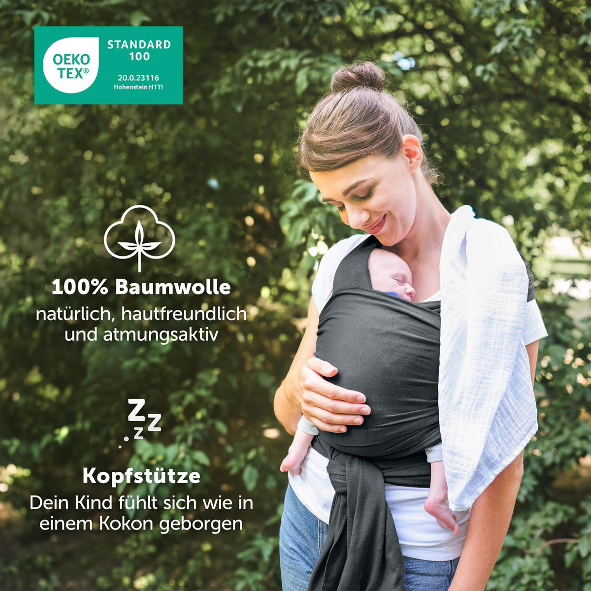 BABYTRAGEN für Neugeborene bis 15 kg - 100% Baumwolle (Ohne Elasthan) - Grau - Grau, Textil (60/5.1cm) - Laleni