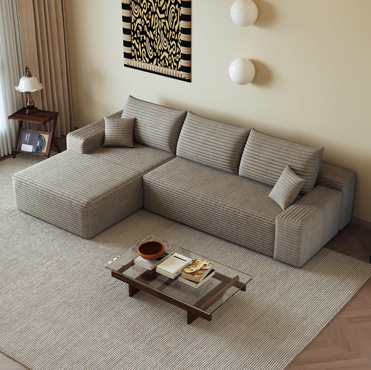 ECKSOFA 270 cm in Camel aus Cord mit weicher Schaumstofffüllung - Haselnussfarben, Textil (175/270cm) - Flora Grace