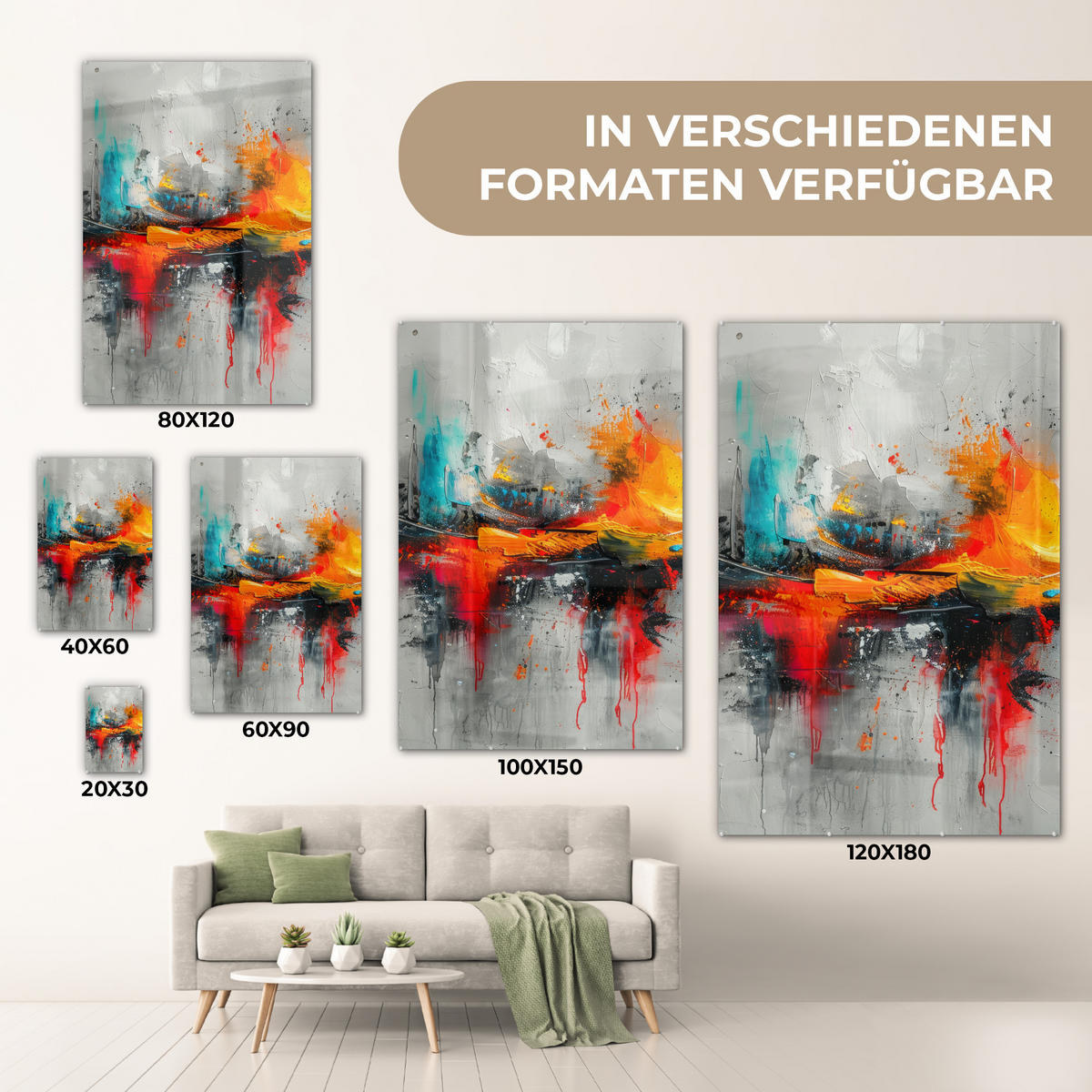 ACRYLGLASBILD Moderne Kunst - Orange - Grau - Abstrakt 40x60 cm - Hellgrau, Glas (40/60cm) - MuchoWow