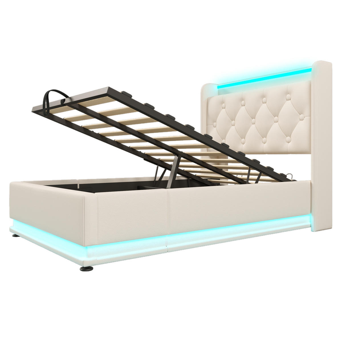 POLSTERBETT 90/200 cm Weiß aus PU mit Stauraum, LED-Beleuchtung und USB - Weiß, Kunststoff (90/200cm) - Flora Grace