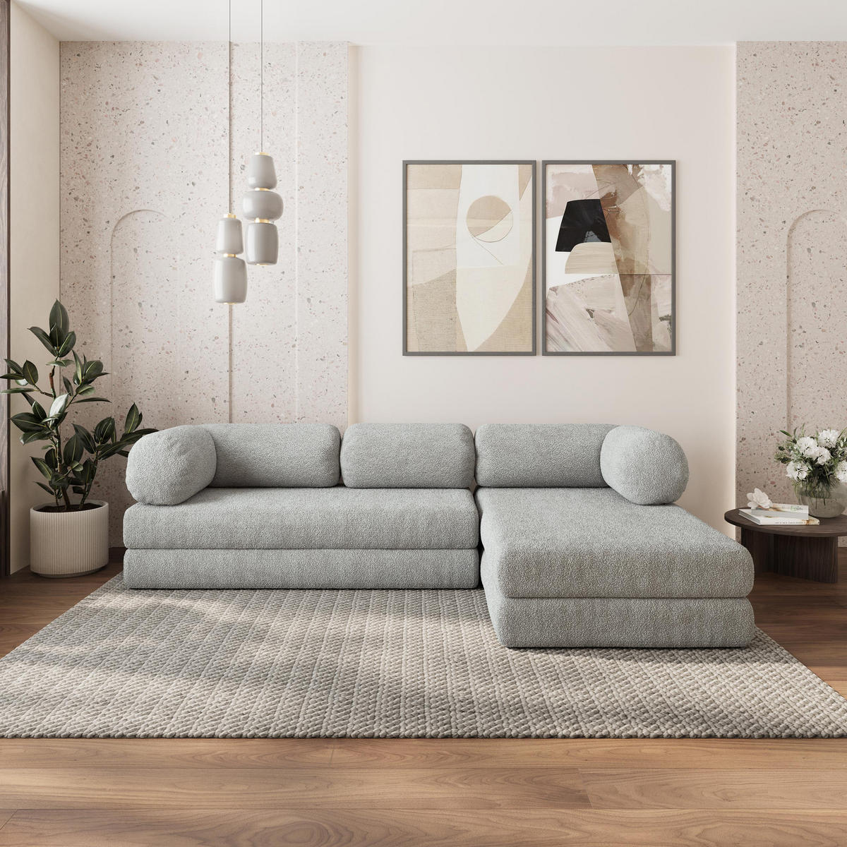 ROHOVÁ SEDAČKA KELI modulární Boneless pohovka s funkcí spaní, světle šedá QUELLE 83 - světle šedá, textil (270/160cm) - MASSENO