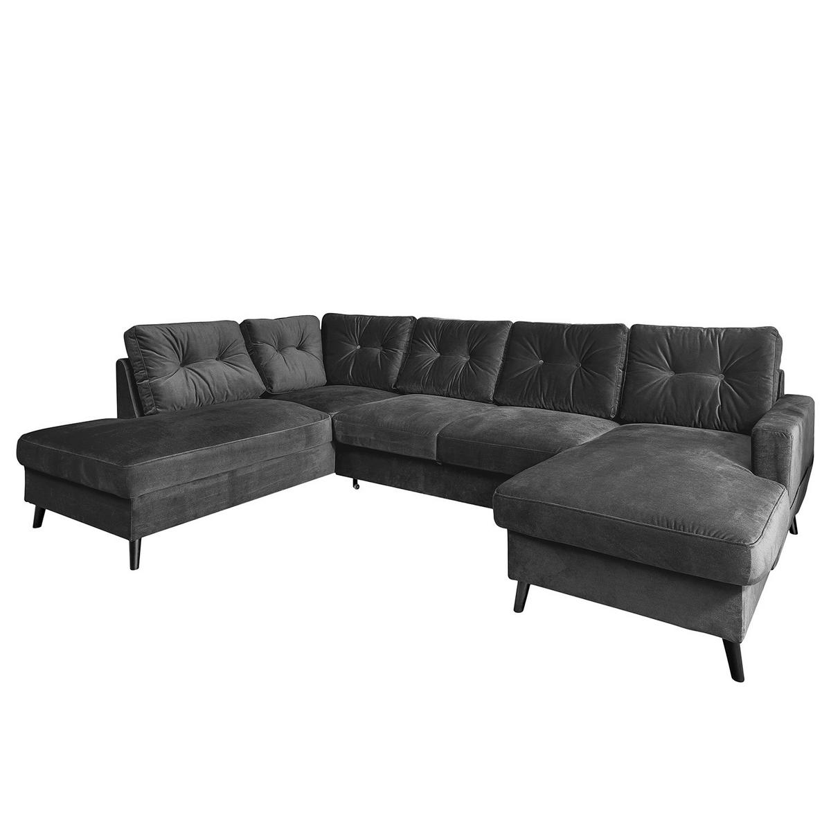 WOHNLANDSCHAFT mit Longchair - Schwarz/Grau, Buchenholz/Textil (297/90/200cm) - home24