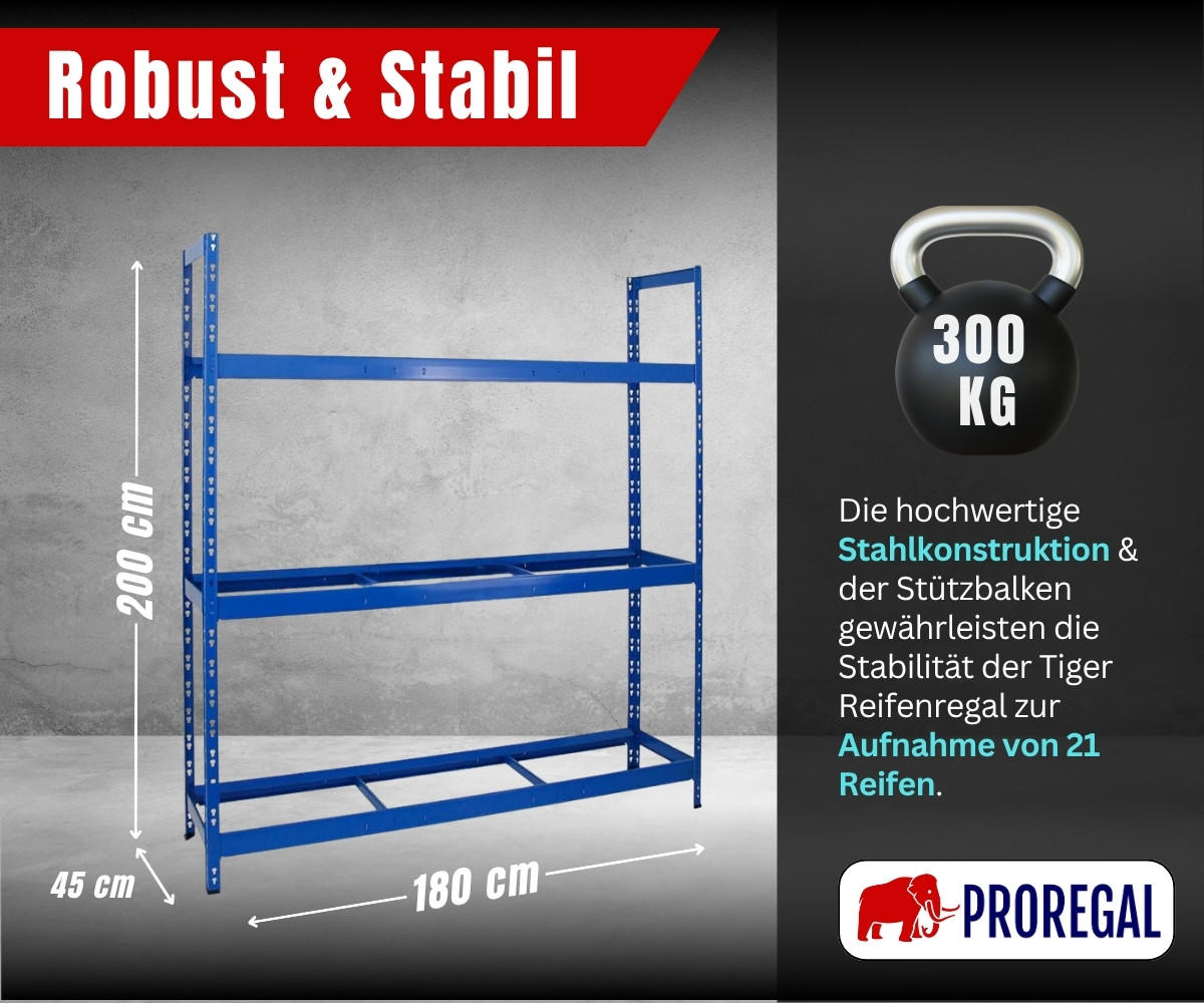 REIFENREGAL Tiger XL 200x180x45 cm 300 kg Fachlast bis zu 21 Reifen auf 3 Ebenen Blau - Blau, Metall (180/200/45cm) - PROREGAL
