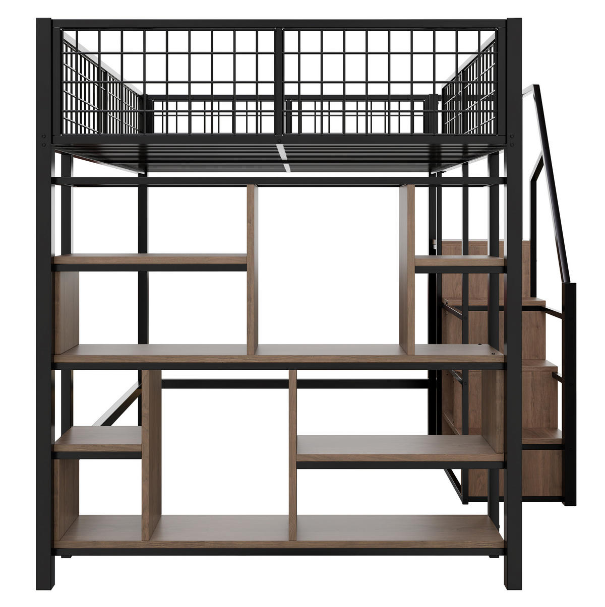 HOCHBETT 140/200 cm Schwarz mit Matratze Metallbett mit Stauraumtreppe - Schwarz, Metall (140/200cm) - OKWISH